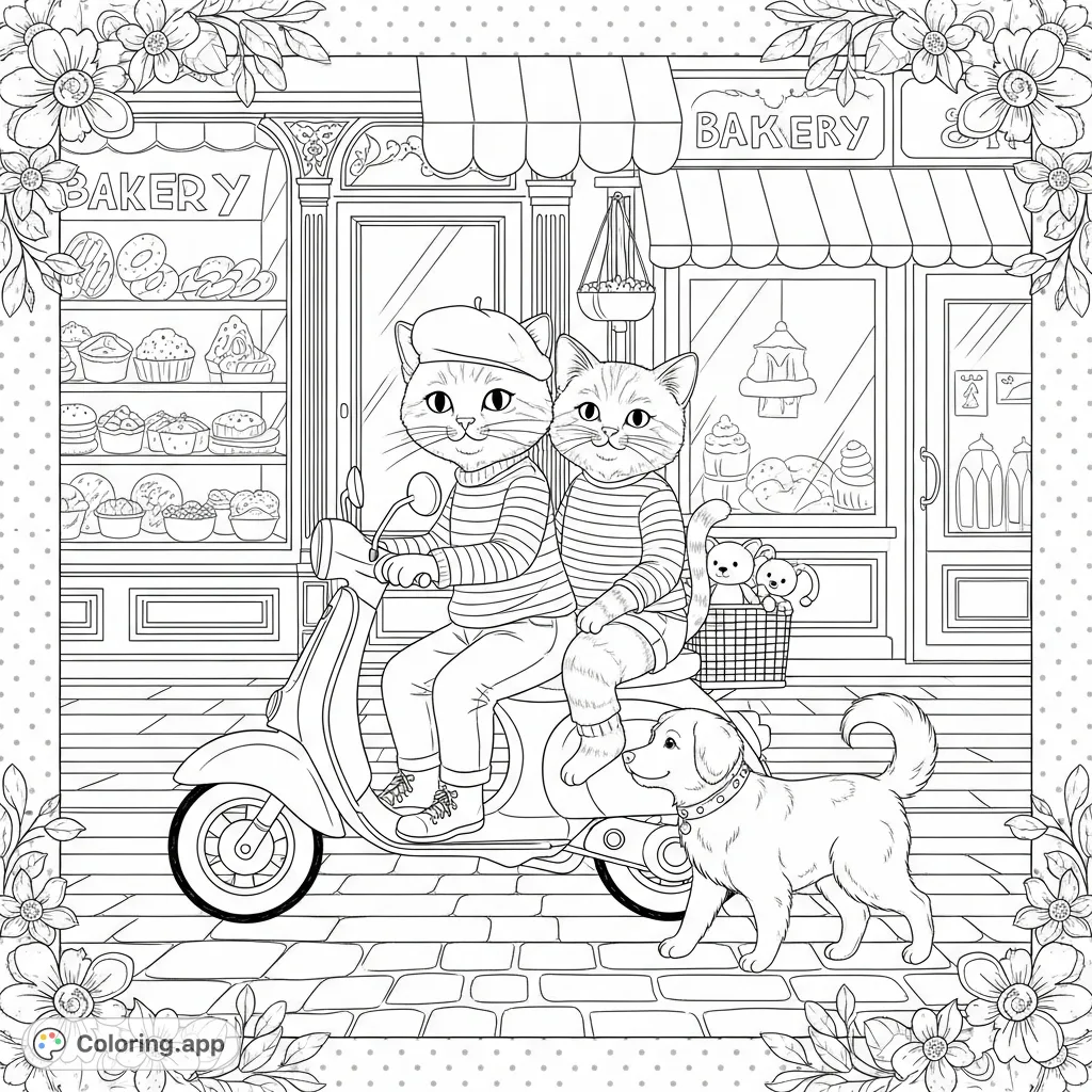 A charming street scene coloring page featuring two anthropomorphic felines on a vintage scooter, a fluffy canine, and a detailed bakery storefront.