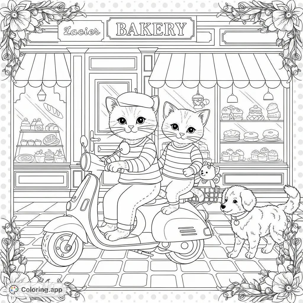 A charming street scene coloring page featuring two anthropomorphic felines on a vintage scooter, a fluffy canine, and a detailed bakery storefront.