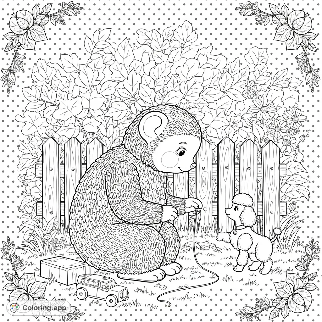 Discover a charming scene featuring a large, fluffy character interacting with a small poodle, surrounded by toys and a garden fence. A delightful free printable coloring page.