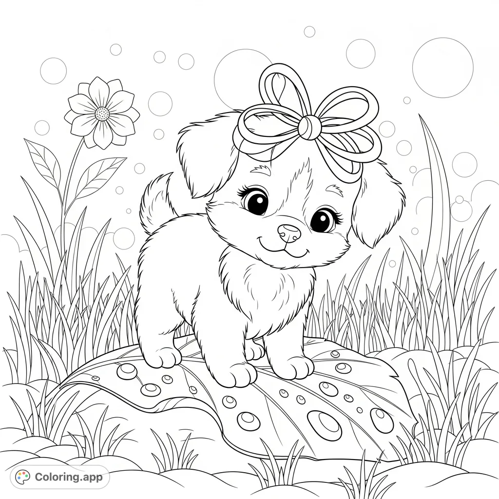 A charming fluffy puppy with a bow on its head stands on a broad leaf, surrounded by grass and water droplets, in a bright, airy setting.