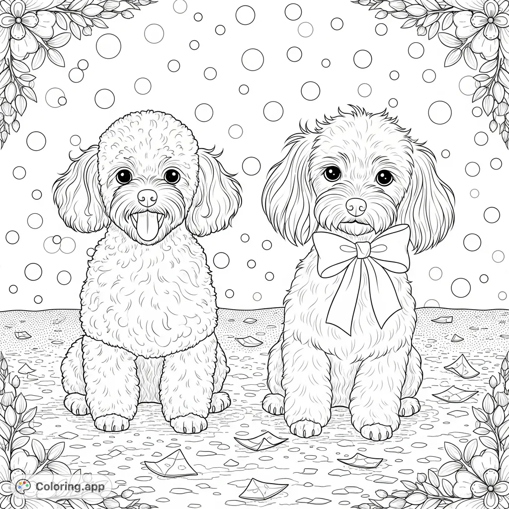 A charming coloring page featuring two distinct poodles, one with curly fur and another with fluffy fur and a bow, set against a polka dot background with a floral border.
