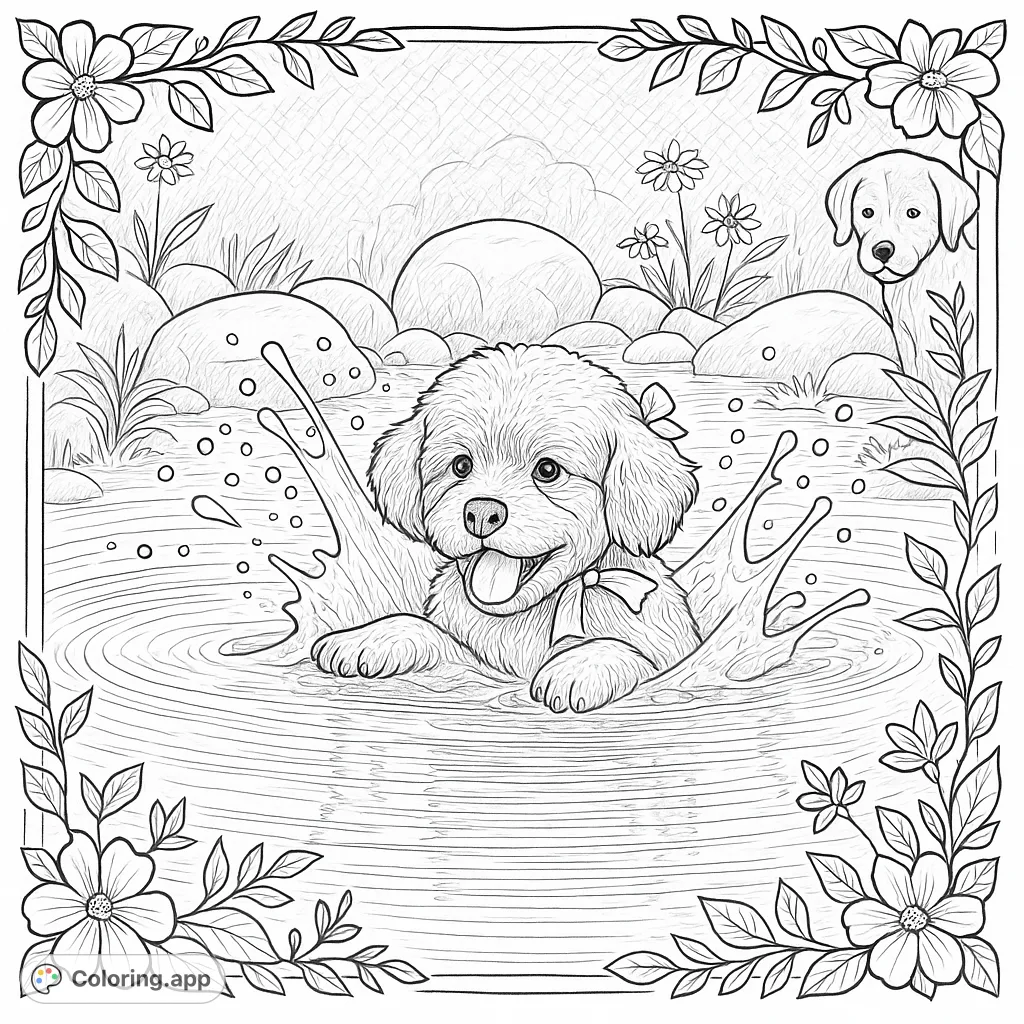 A delightful puppy joyfully splashes in water, surrounded by playful droplets. A charming scene with decorative borders, perfect for a children's storybook illustration.