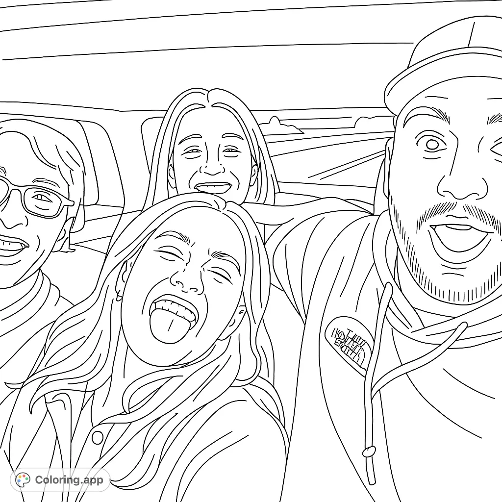 Capture the joy of friendship on a road trip! This fun coloring page features four friends in a car, laughing and making memories. Perfect for all ages.