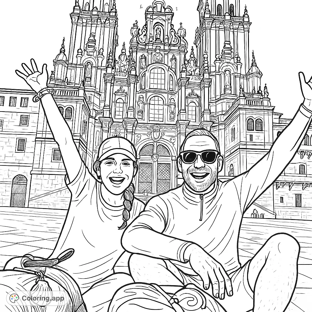 Capture the joy of travel with this detailed coloring page featuring two happy adventurers in front of a grand, historic cathedral. A perfect travel coloring page.