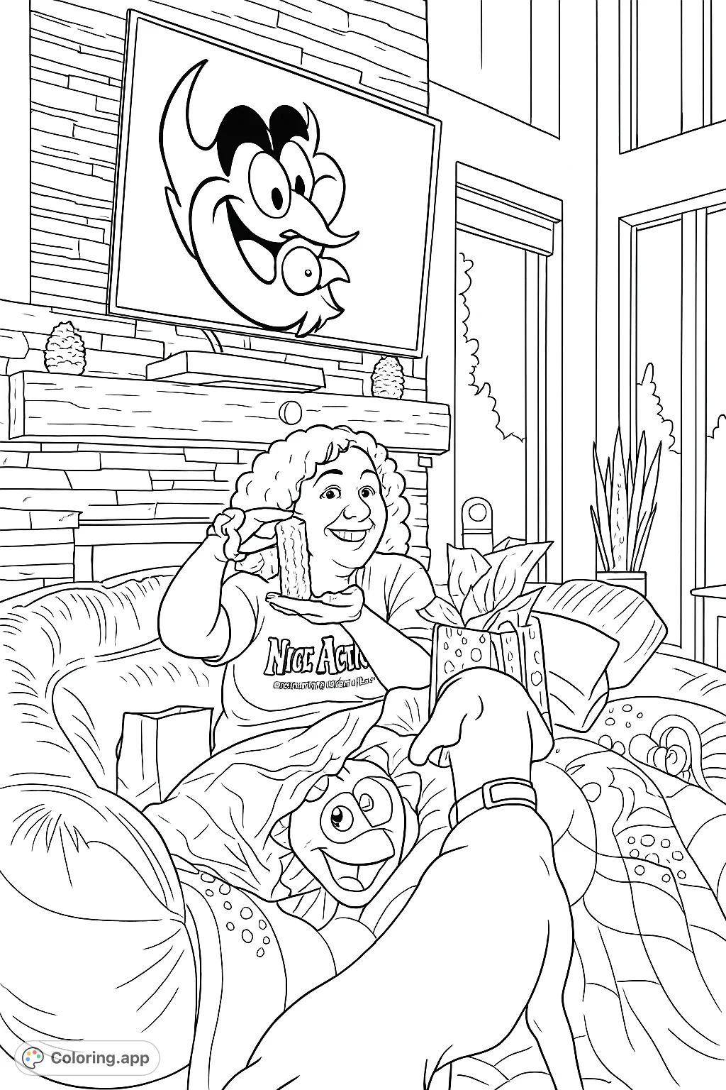 A joyful scene featuring a woman opening gifts with her dog nearby, set against a cozy living room with a large TV and scenic windows.