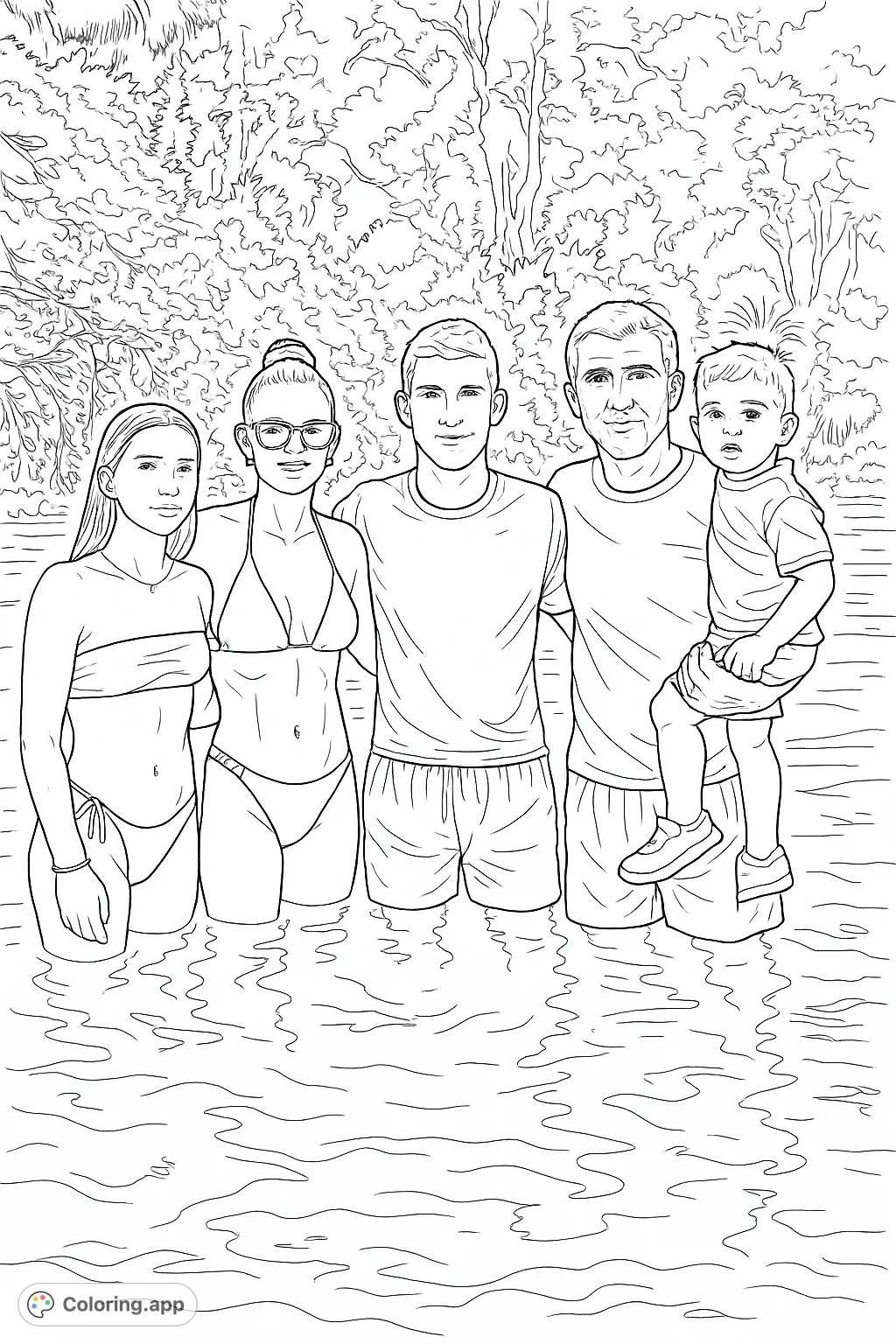 Capture a joyful family moment in a refreshing natural spring. This detailed coloring page features five individuals, including a child, surrounded by lush foliage.