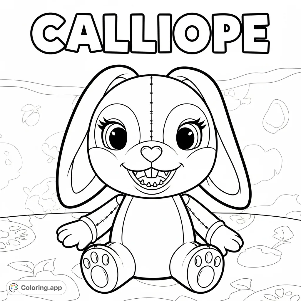 A unique bunny doll with a round face, pointed teeth, and doe-like eyes, featuring 'CALLIOPE' in block letters. A charming and distinctive character.