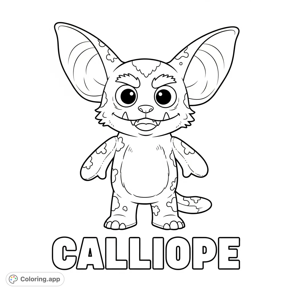 A charming Labubu monster doll with its signature mischievous grin, accompanied by bold "CALLIOPE" block lettering. A fun, free printable Labubu coloring page.
