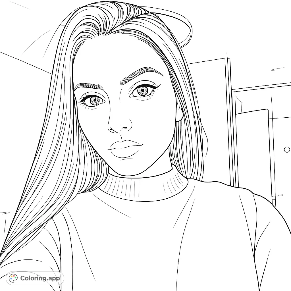 A captivating portrait of a modern woman, featuring her serene expression, flowing hair, and stylish sweater. Perfect for detailed coloring and artistic expression.