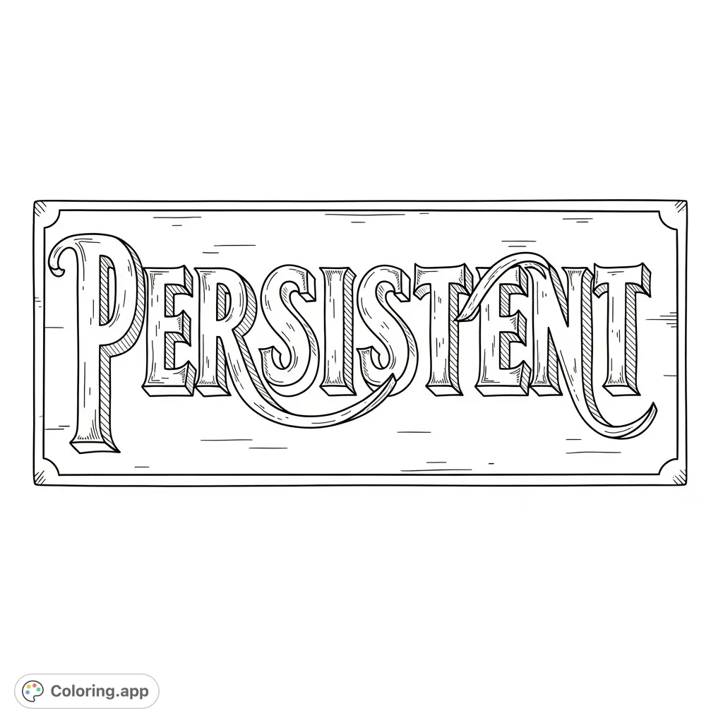 A detailed coloring page featuring the word 'Persistent' in bold, textured letters. Perfect for inspiring focus and creativity.