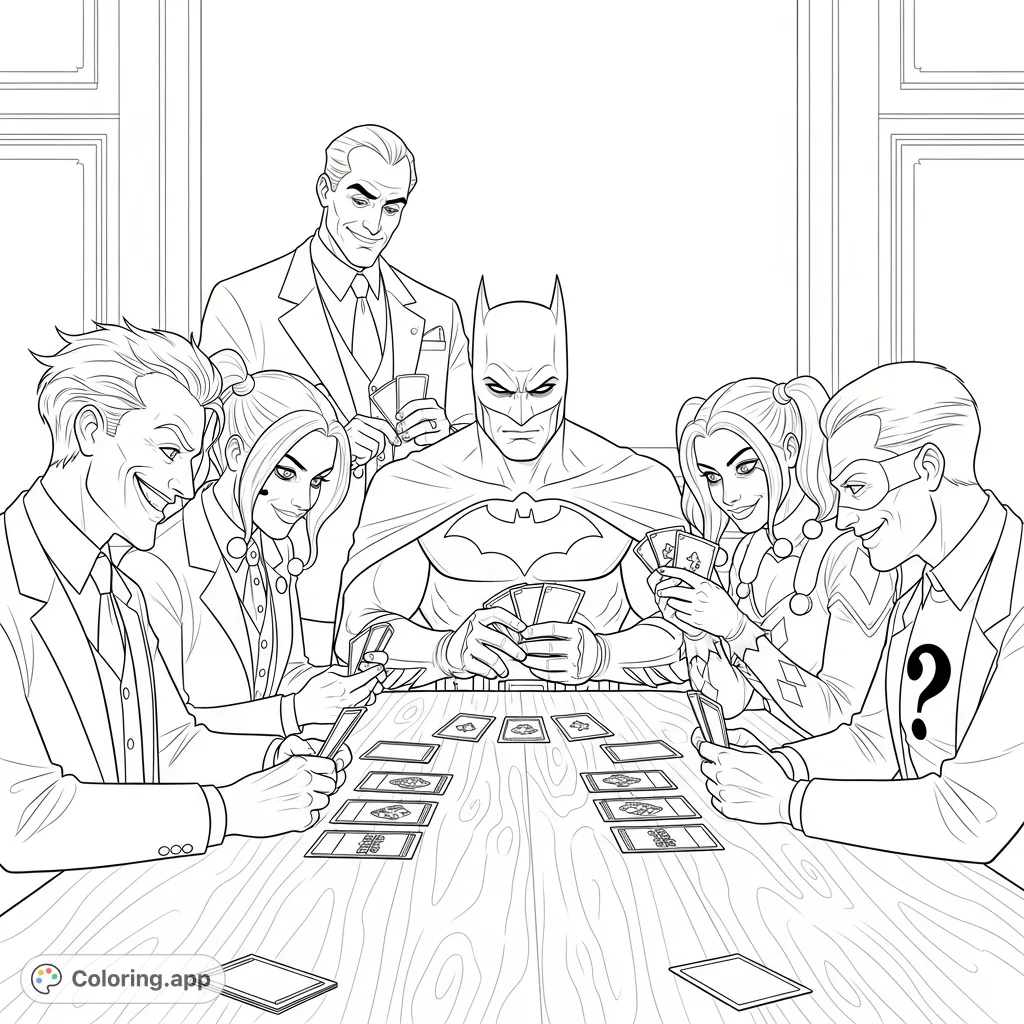Join Batman, Harley Quinn, Joker, and Riddler for an intense "Magic: The Gathering" game, with Alfred hilariously helping Batman cheat. A detailed DC coloring page.