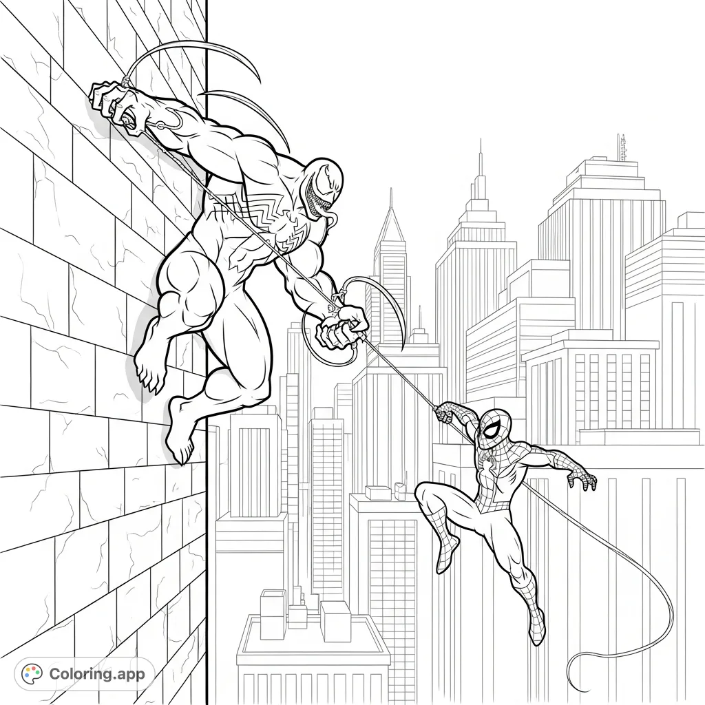 A thrilling superhero coloring page featuring a muscular Venom climbing a detailed city wall while Spider-Man aggressively shoots webs. Dynamic action!