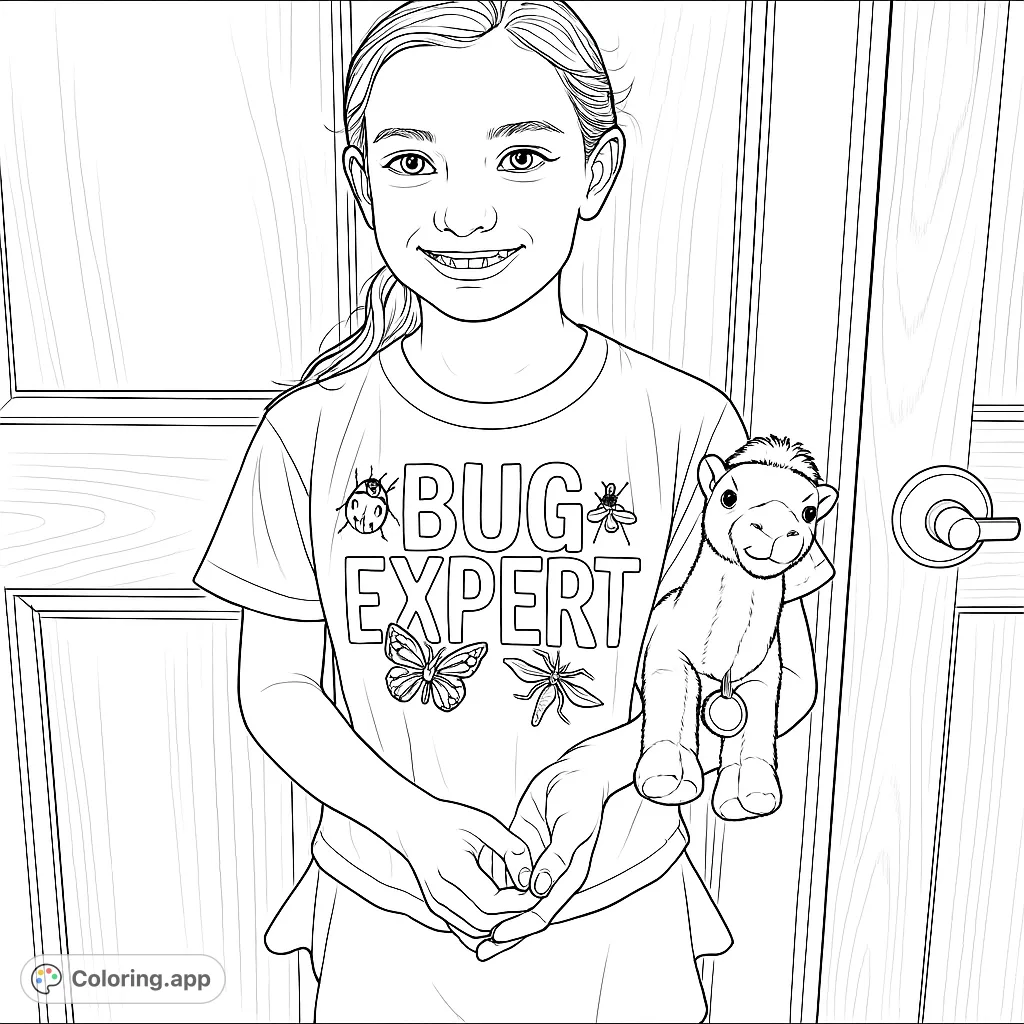 A cheerful girl, a 'Bug Expert' in her detailed shirt, holds a plush animal. Perfect for young nature enthusiasts and animal lovers to color!
