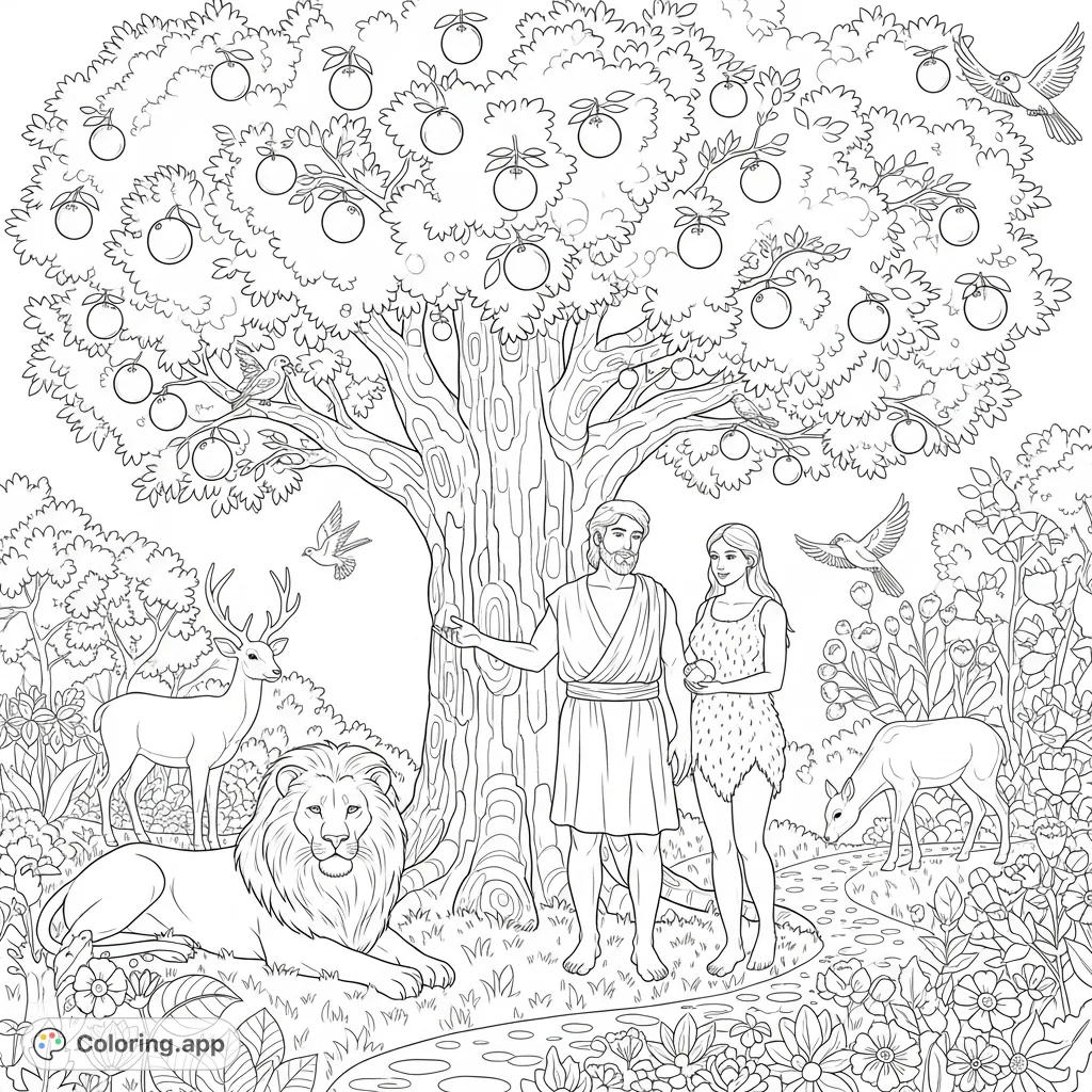 A serene Garden of Eden scene featuring Adam and Eve, the Tree of Knowledge, and friendly animals amidst lush flora. A peaceful and engaging coloring experience.
