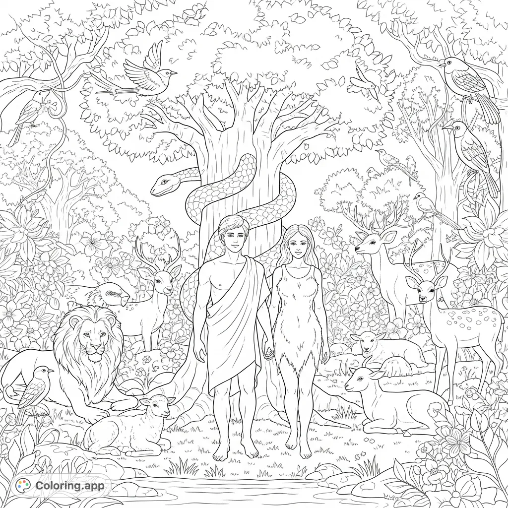 Explore a peaceful Garden of Eden coloring page featuring Adam and Eve near the Tree of Knowledge, surrounded by friendly animals and lush, detailed foliage.