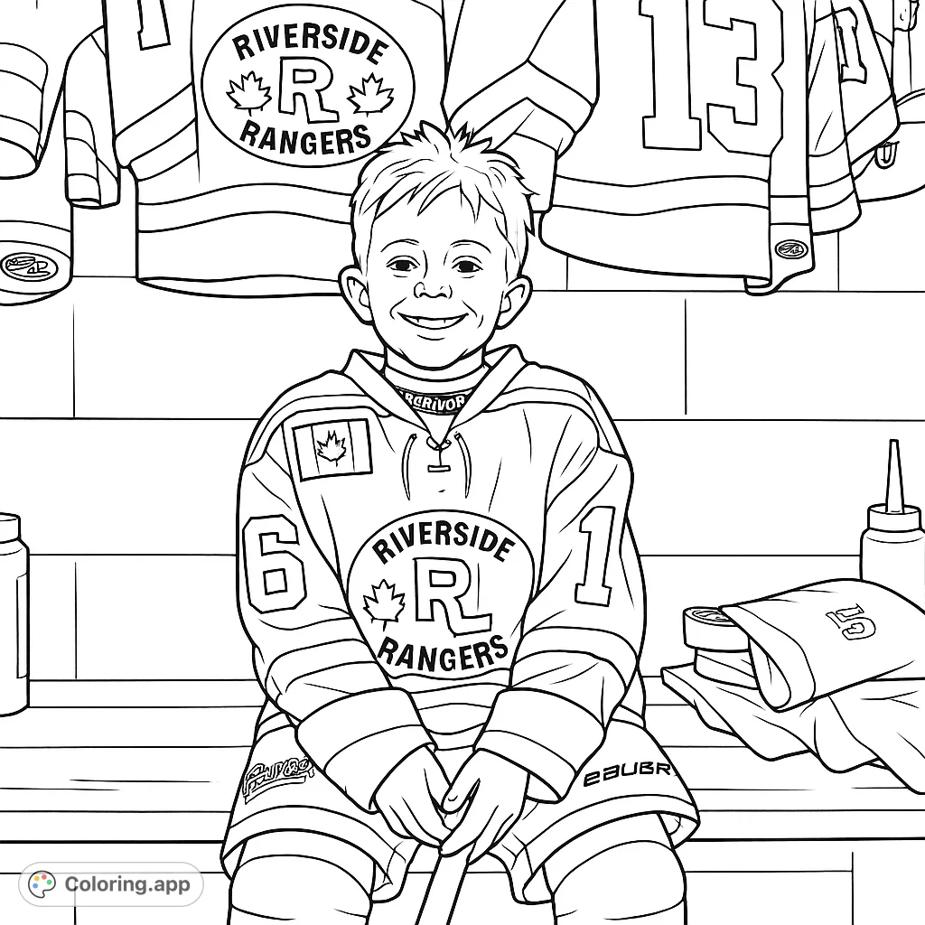 A smiling young hockey player in a detailed uniform, ready for the game. Perfect for sports fans and aspiring athletes.