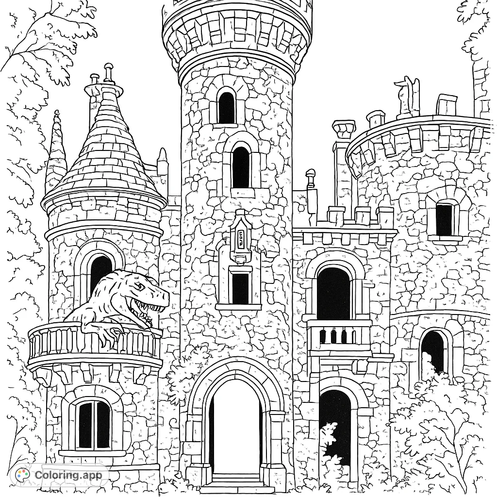 Explore a majestic, weathered castle with a mysterious reptilian creature on its balcony, surrounded by dense foliage. A captivating fantasy scene.