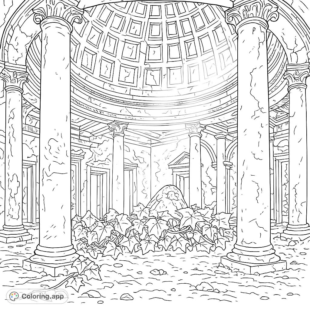 Explore an abandoned grand rotunda with towering columns, a detailed domed ceiling, and overgrown foliage. A mysterious architectural ruin awaits your creative touch.