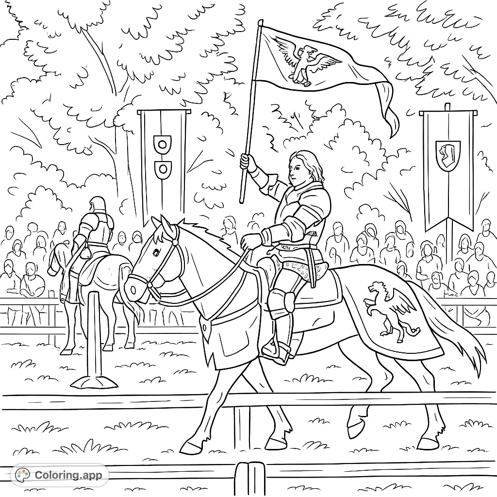 An epic knight in shining armor, riding a majestic horse with a flowing banner. A medieval adventure awaits your creative touch on this detailed coloring page.