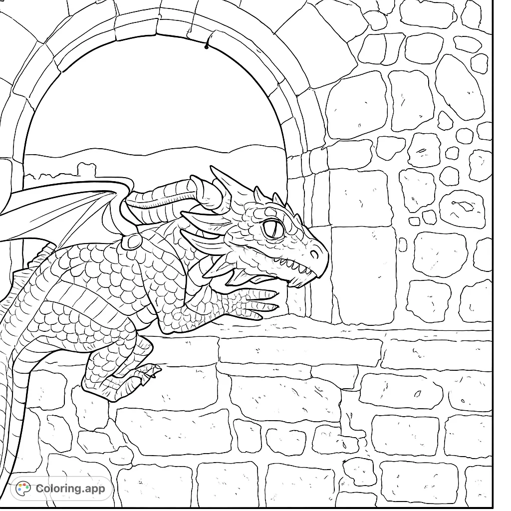 A majestic dragon guards an ancient stone archway, offering a detailed fantasy scene for an engaging coloring experience.