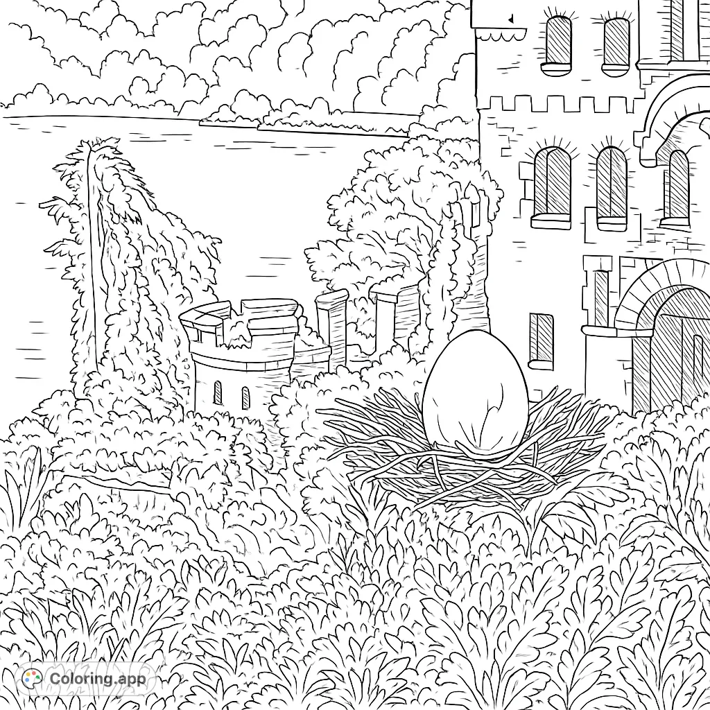 Discover a mysterious egg nestled in a twiggy nest, set against the backdrop of an ancient, vine-covered castle ruin by a serene body of water.