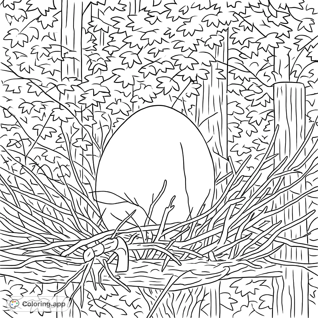 Discover a giant, mysterious egg nestled in a rustic tree branch nest, surrounded by a dense forest. A captivating fantasy nature scene.