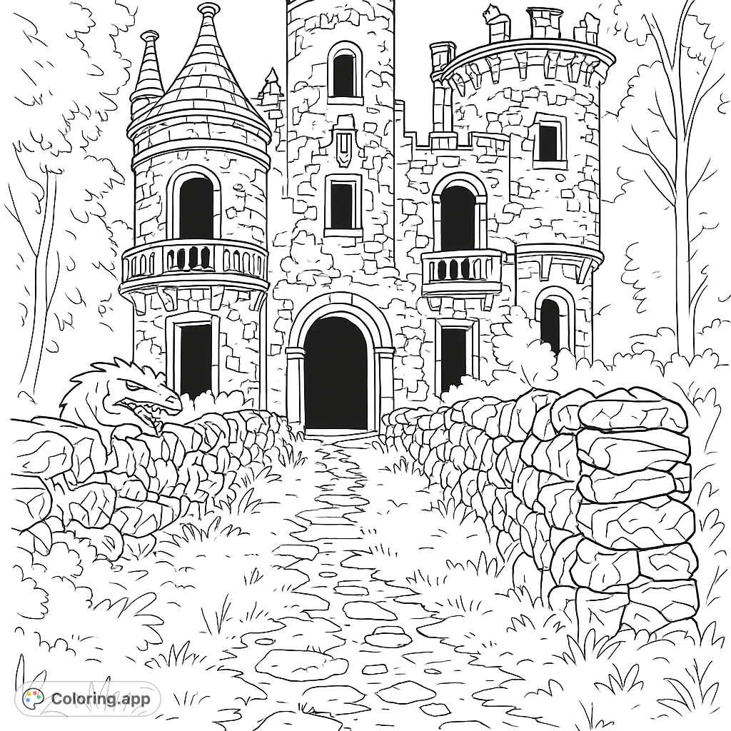 Explore a mysterious, overgrown castle with crumbling stone walls and a unique forest creature. A fantastical scene awaiting your creative touch.