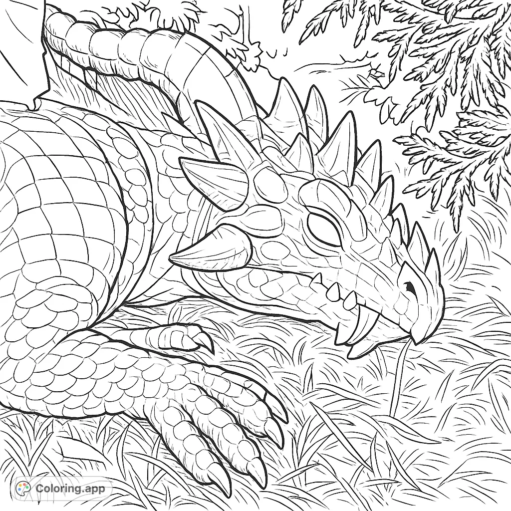 Discover a majestic spiked dragon resting amidst dense foliage and textured ground. A captivating fantasy scene perfect for imaginative coloring adventures.