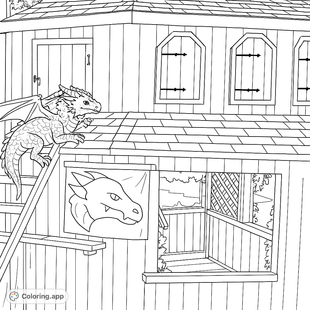 Explore a whimsical dragon treehouse coloring page! A detailed dragon perches on a shingled roof, guarding a charming wooden structure with unique windows and a dragon banner.
