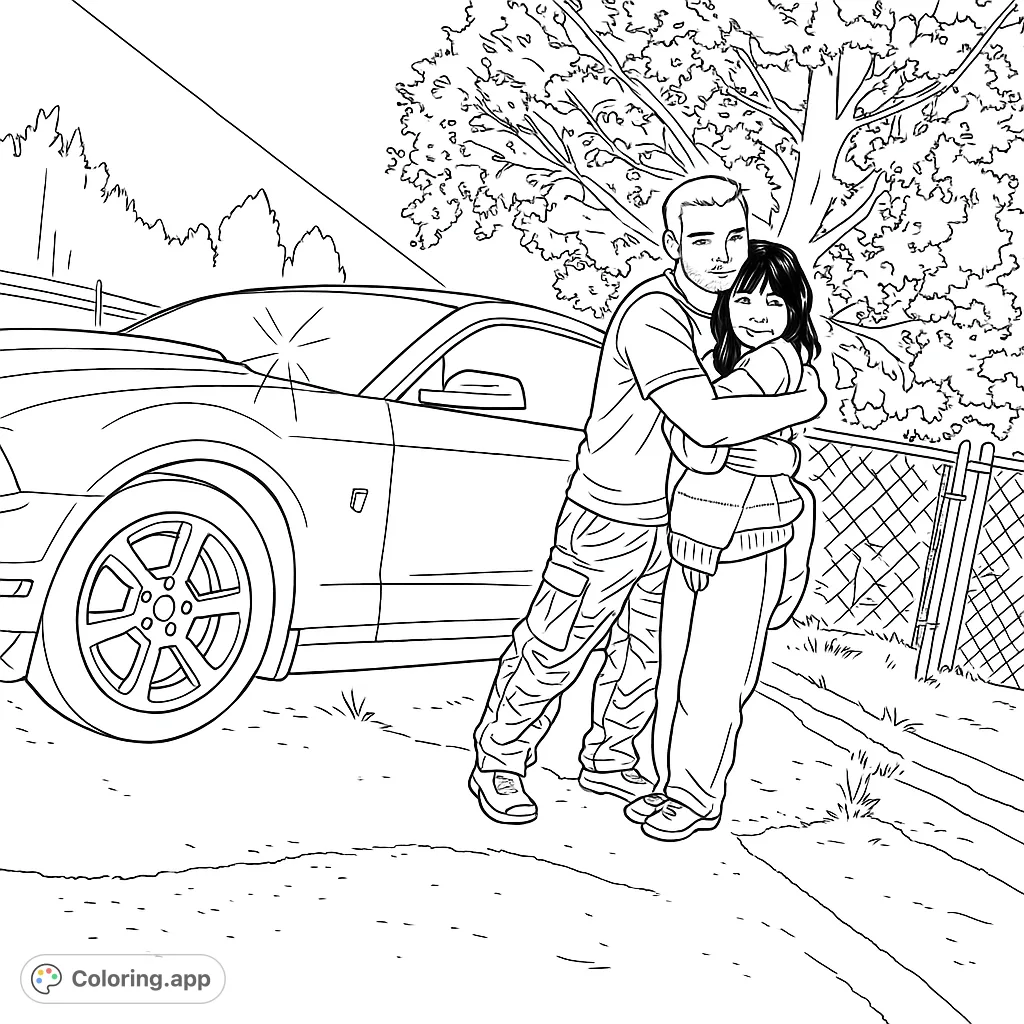 A heartwarming scene featuring two individuals embracing next to a sleek sports car, set against a backdrop of trees and a fence. Perfect for expressing connection.