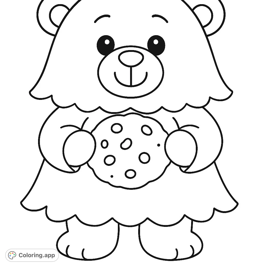 A delightful fluffy bear holds a delicious cookie, ready for a sweet coloring adventure! Perfect for kids and anyone who loves cute animals and treats.