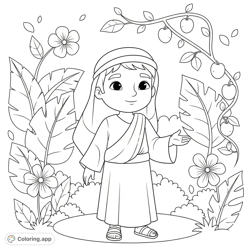 A cute cartoon Adam with Hebrew/Middle Eastern features stands in the lush, peaceful Garden of Eden, surrounded by stylized plants and flowing vines.