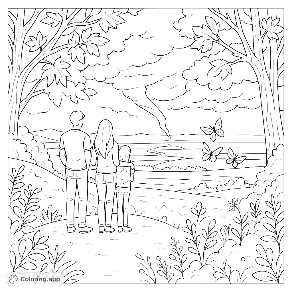 A family stands on a path, observing a dramatic swirling cloud and lightning over a vast landscape. Trees and butterflies add to this wondrous scene.