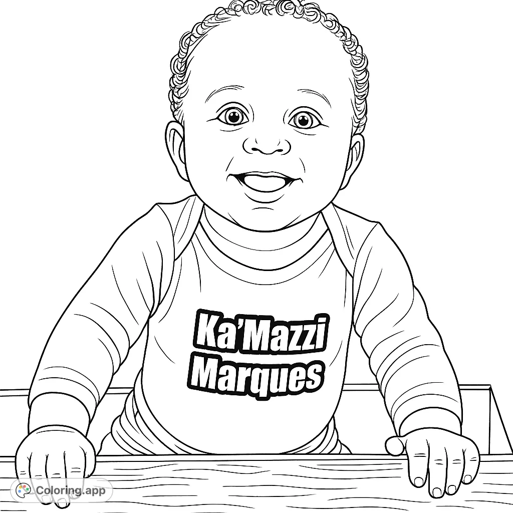 A delightful coloring page featuring a happy baby with curly hair, sitting in a box and smiling. Perfect for capturing joyful moments.