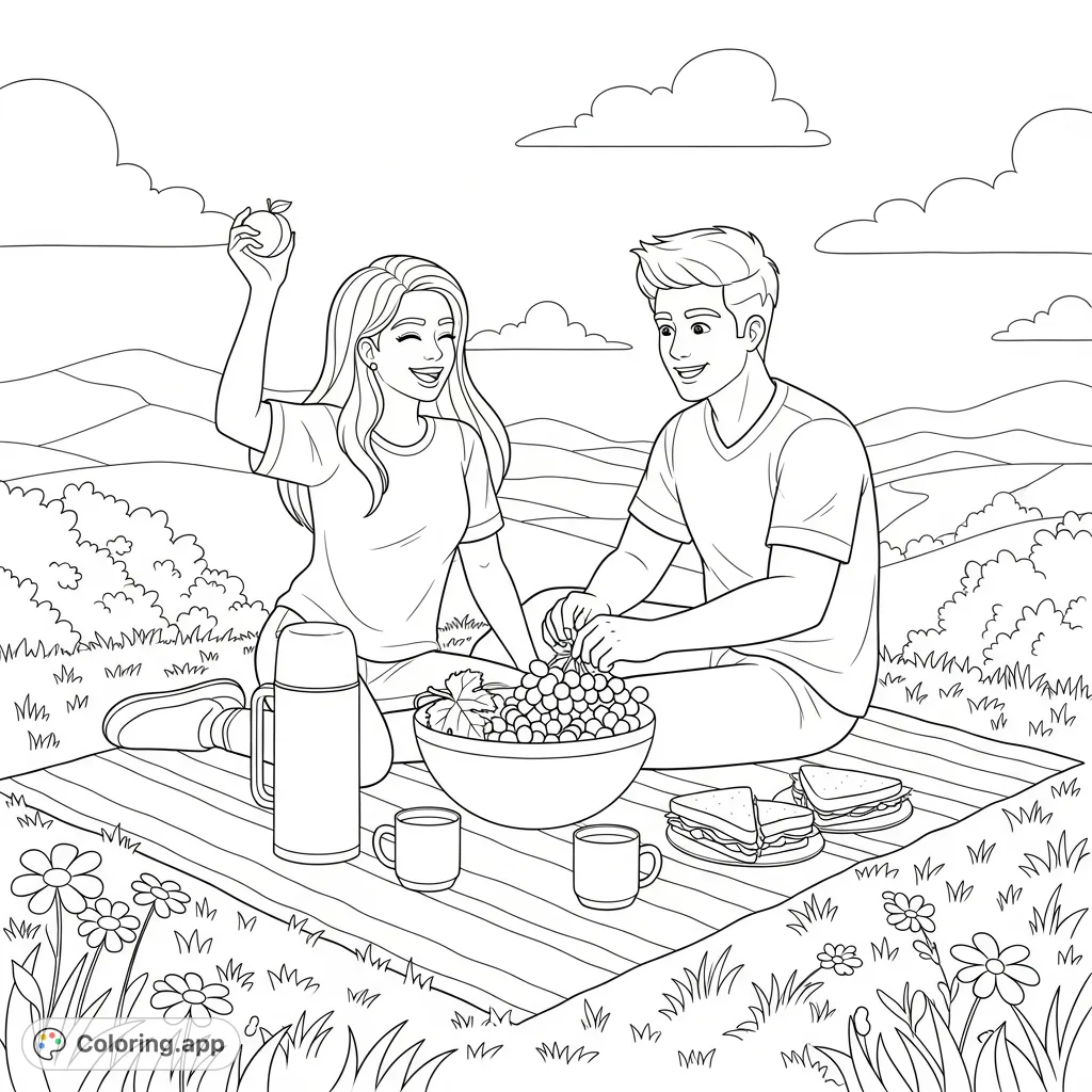 A delightful scene of a cheerful couple enjoying a picnic on a sun-dappled hillside, complete with fruit, sandwiches, and wildflowers.