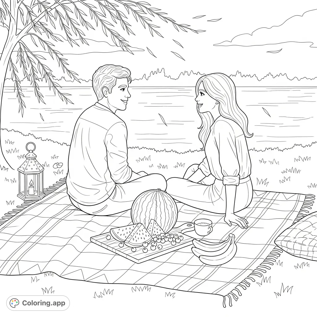 A delightful scene of a couple enjoying a picnic by a tranquil lake, complete with a patterned blanket, fresh fruit, and a decorative lantern. Perfect for a relaxing coloring experience.