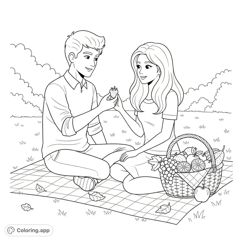 A charming scene of a young couple enjoying a picnic in a sunny park, sharing fruits and smiles on a checkered blanket. Perfect for a relaxing coloring experience.