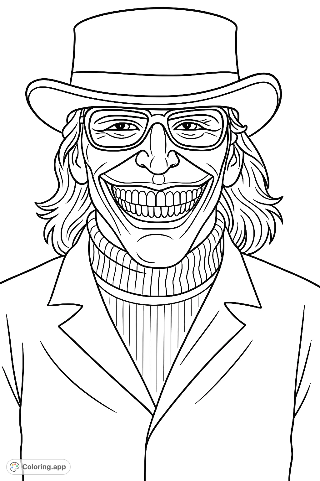 An unsettling masked figure with a wide, fixed smile, wearing a top hat and glasses. A mysterious and intriguing character for coloring.