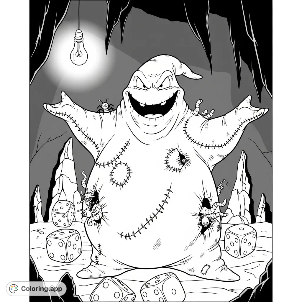 Dive into the spooky world of Halloween Town with this Oogie Boogie coloring page, featuring the mischievous villain in his dice-filled, shadowy lair.