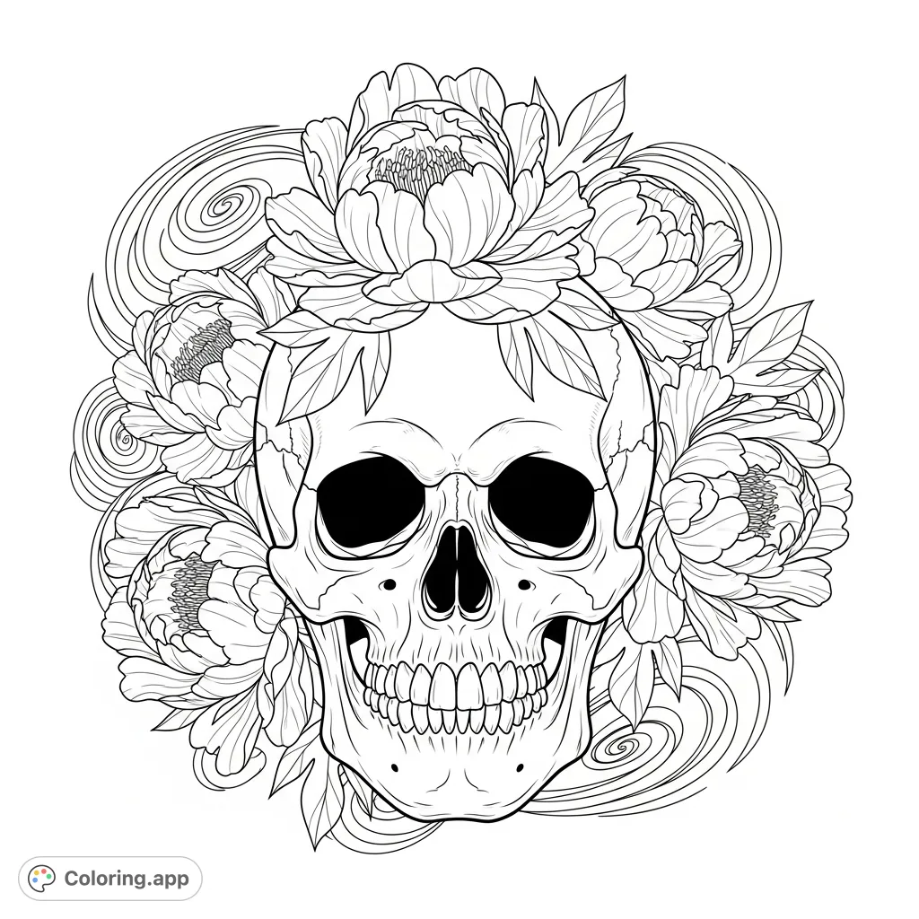 An intricate design featuring a detailed skull intertwined with lush Japanese peonies, perfect for a unique tattoo-inspired coloring page.
