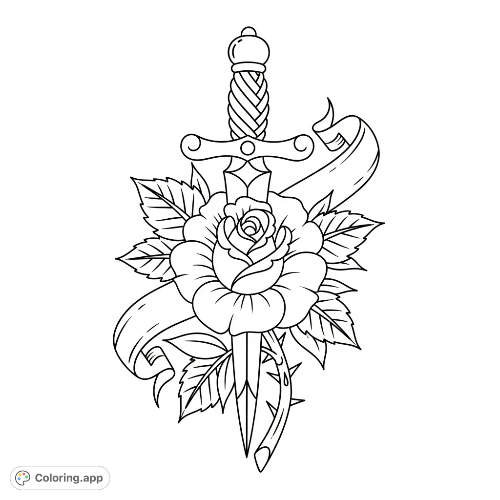 A striking American traditional design featuring a dagger piercing a rose, complete with a detailed hilt, layered petals, and a flowing banner.