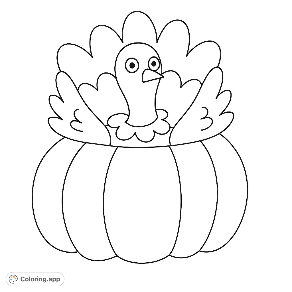 A charming turkey peeks out from a festive pumpkin, ready for autumn fun. This cute design is perfect for seasonal coloring and holiday cheer.