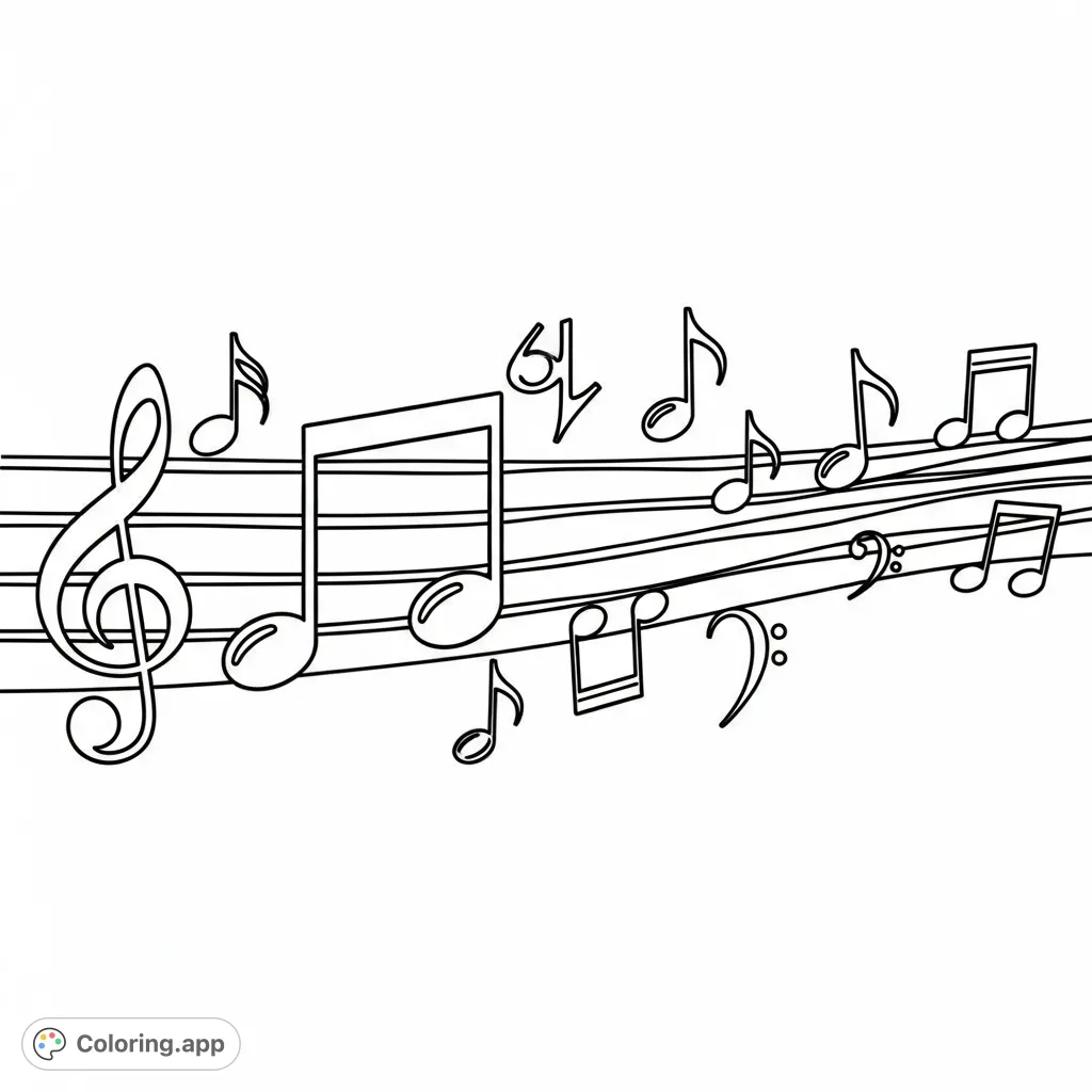 Explore the fundamentals of music with this engaging musical staff coloring page, featuring a grand staff adorned with various notes and rests.