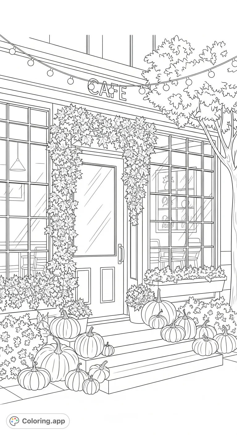 Immerse yourself in the warmth of a charming Fall Cafe, adorned with autumn leaves, pumpkins, and twinkling lights under a gentle morning sun.