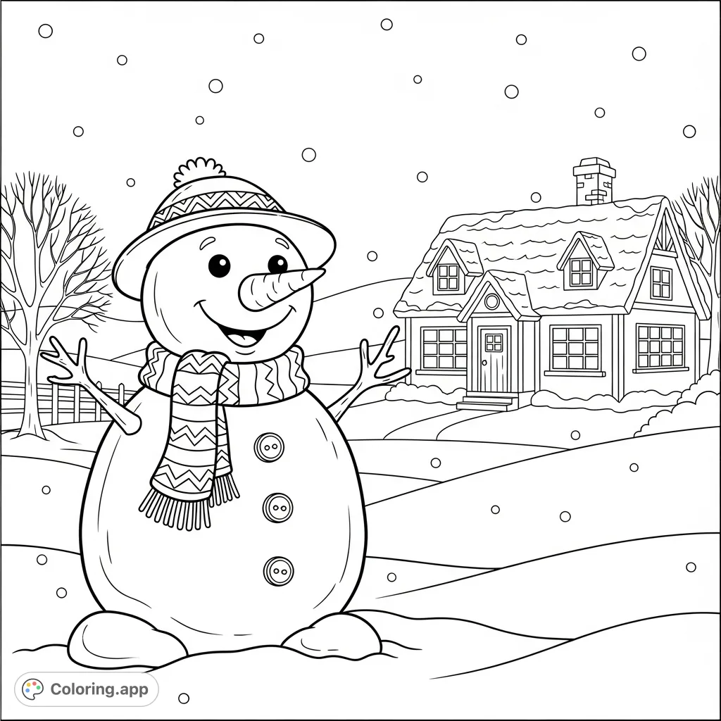 A charming snowman stands amidst falling snow, with a cozy cottage nestled in the background, inviting a peaceful winter coloring experience. Perfect for all ages.