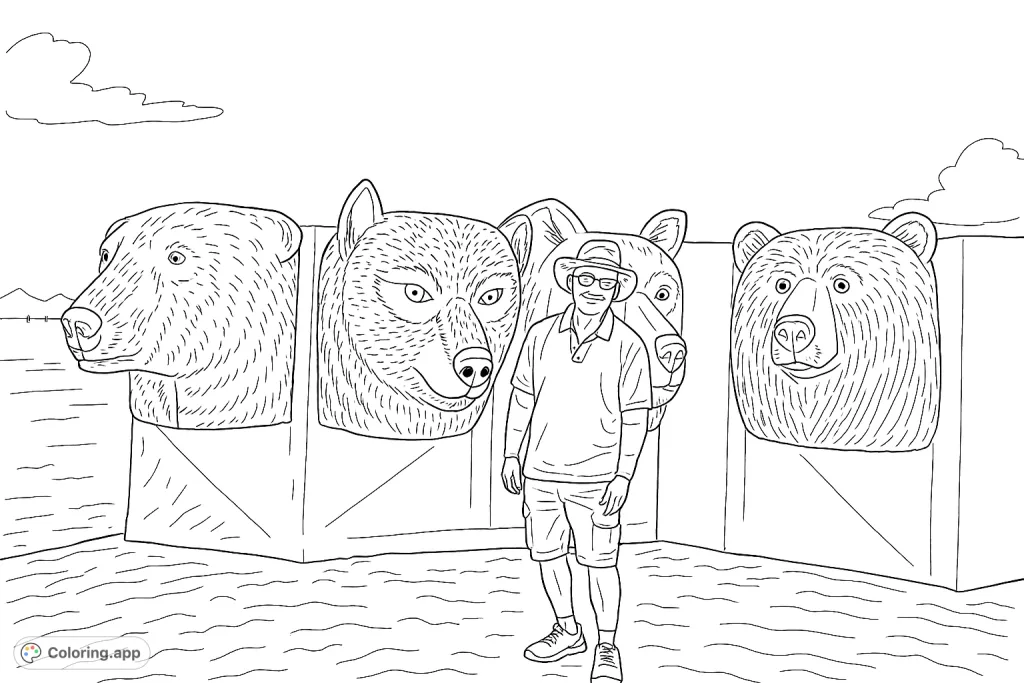 Color a unique desert scene featuring a person standing before four massive, textured animal head sculptures: a polar bear, wolf, bovine, and bear.