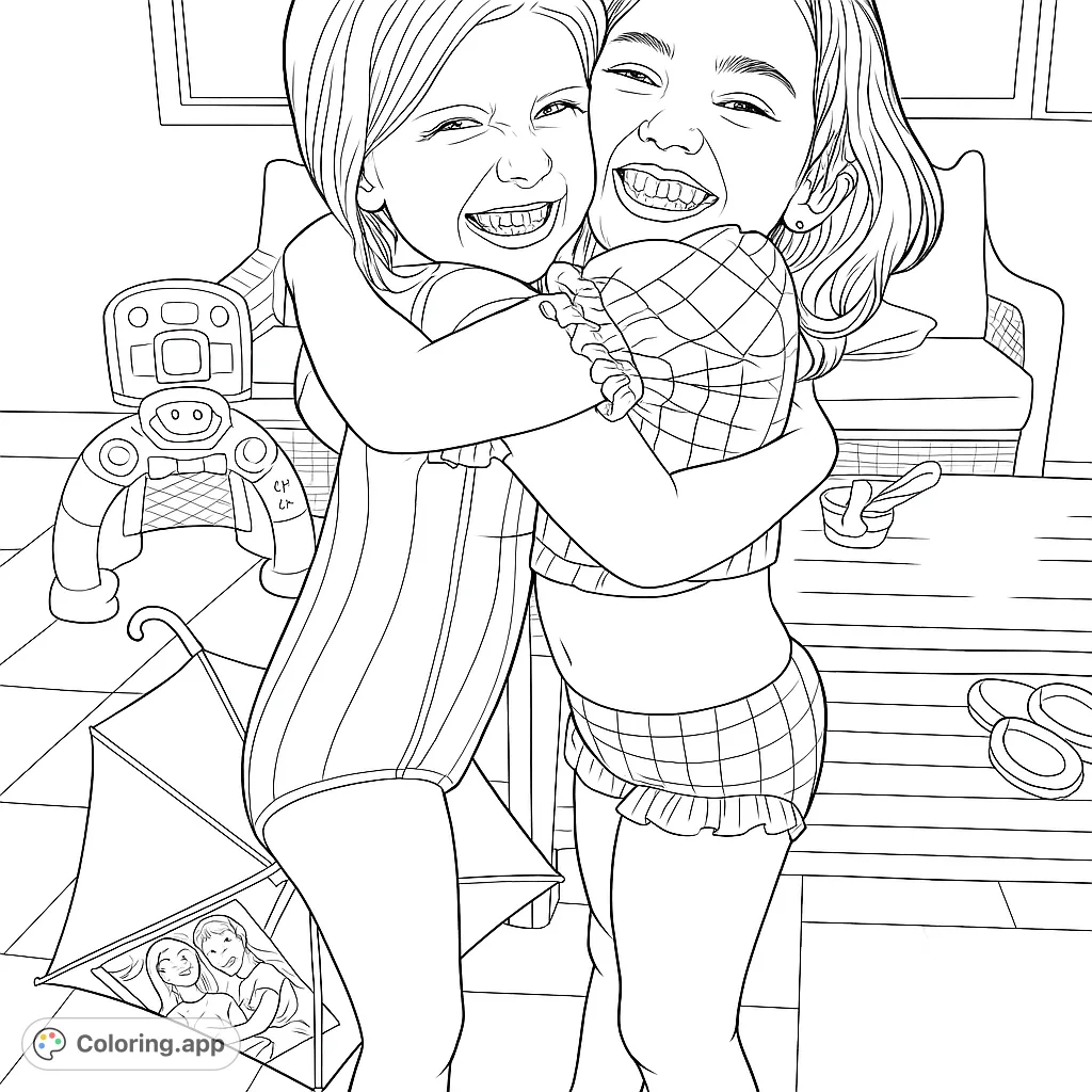 Two happy children share a warm hug, their smiles radiating joy. Features striped and plaid swimwear, with playful background elements for a fun coloring page.