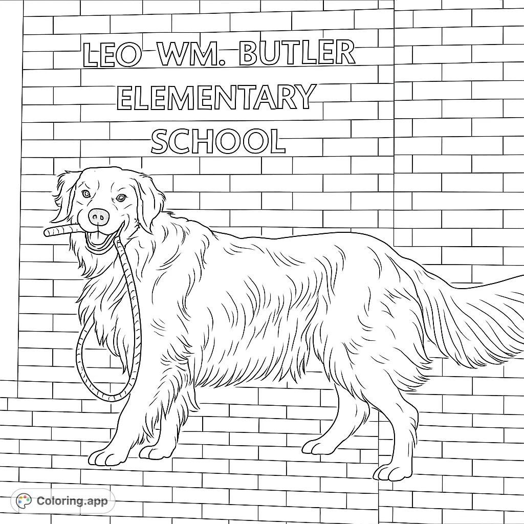 A charming, shaggy dog stands proudly in front of an elementary school building, holding its leash. Perfect for dog lovers and school-themed fun!