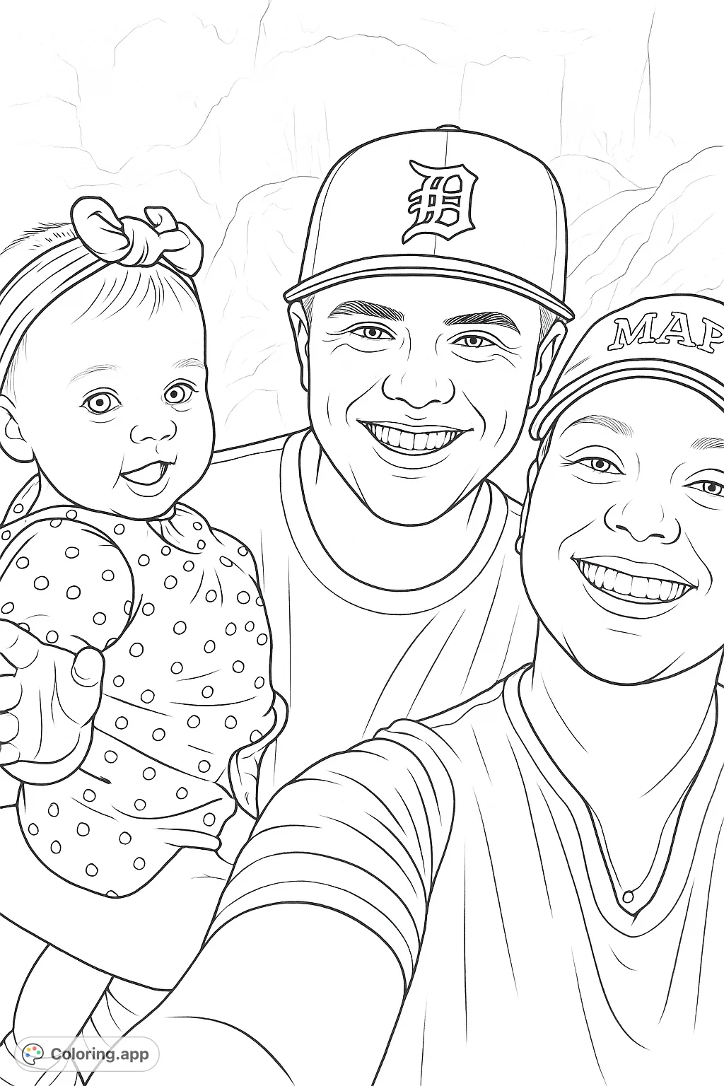 Capture a joyful family moment at the aquarium with this delightful coloring page. Features a smiling couple and their baby against an underwater backdrop.