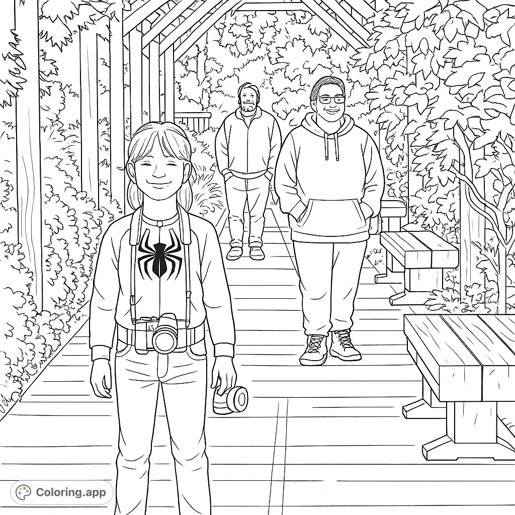 Explore a serene garden path with three friends. A young adventurer with a camera leads the way, surrounded by lush foliage and a charming pergola.
